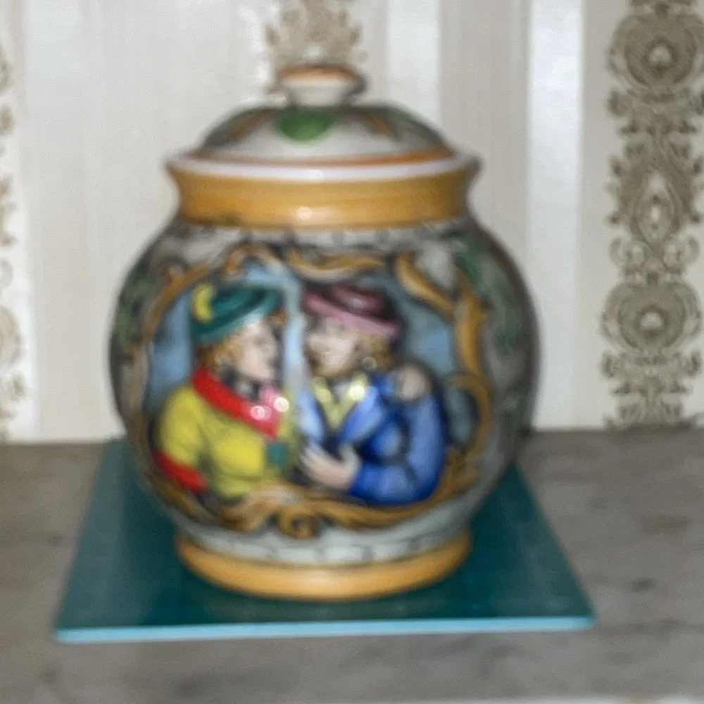 Vintage Ceramic Bavarian Biscuit or‎ Tobacco Jar | Hand Painted Lovers in Relief